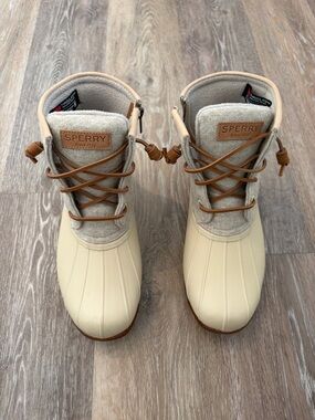 Sperry Ivory Duck Boots with Tan Accents